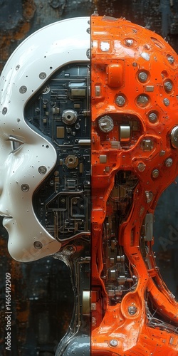 Profile View of Bionic Robot Head with Intricate Mechanical Interior and Mixed Color Scheme, Futuristic Technology Concept
