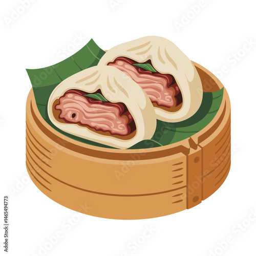 Illustrated Gua Bao with Pork Belly and Greens on Tray