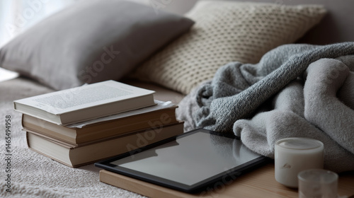 Cozy Remote Learning Environment with Books and a Tablet photo