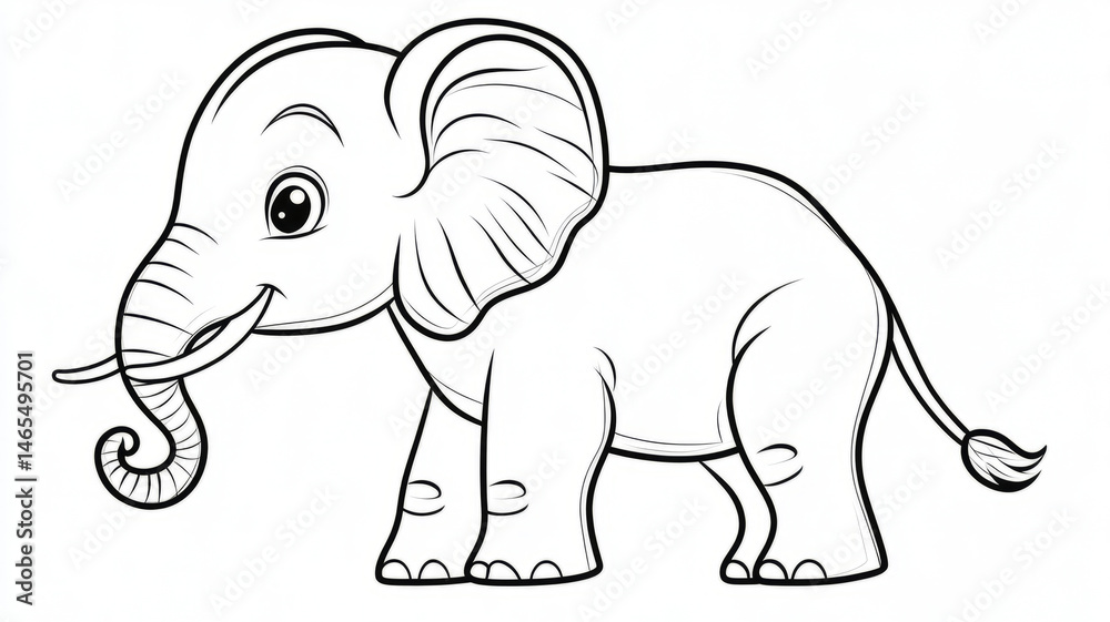 Obraz premium Cartoon style elephant line drawing, black and white, cute.