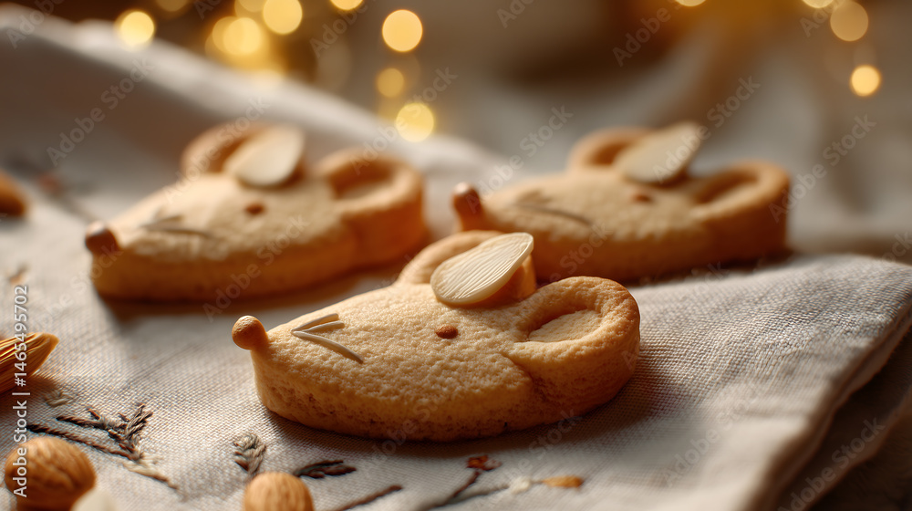 Adorable cookies shaped like mice with almond ears and minimalistic features, placed on a festive background. Adorable cookies shaped like mice with almond ears and minimalistic features, placed on a festive background.