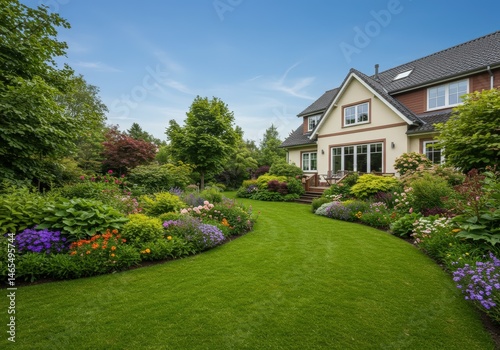 Beautiful suburban house with lush green lawn and colorful flower garden landscaping designed for spring and summer seasonal outdoor living at home