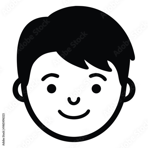 Simplified cartoon boy face displays a friendly smile with his dark hair