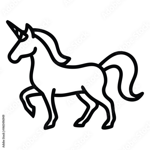 Single black line drawing displays a simple, elegant unicorn standing gracefully