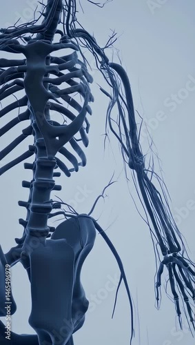 3D rendering of human skeleton and nervous system with transparent background. Vertical science video  
 photo