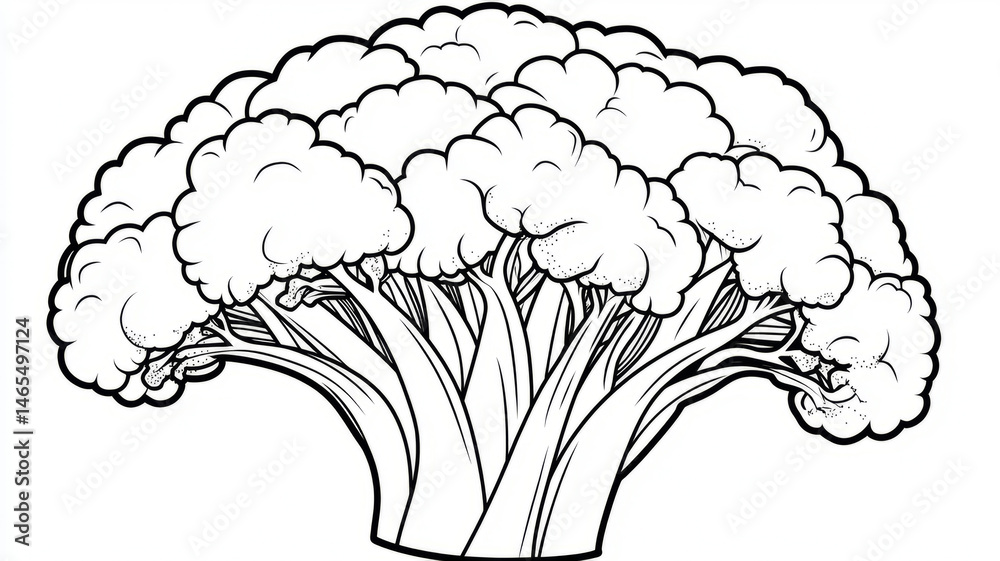 Fototapeta premium Black and white outline illustration of a broccoli head.