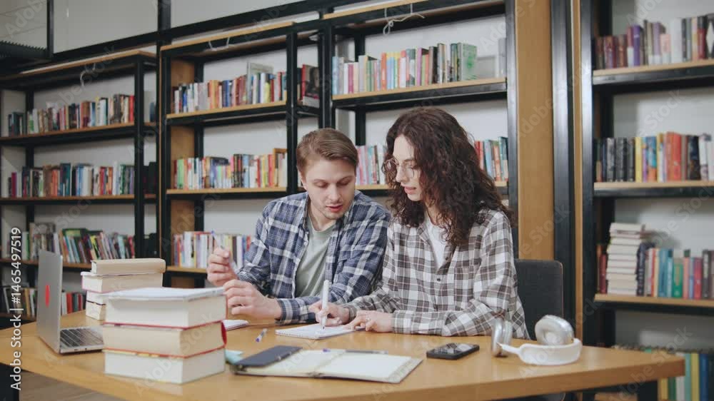 Students collaborating on a project in a library surrounded by shelves filled with books on a bright day Students collaborating on a project in a library surrounded by shelves filled with books on a bright day