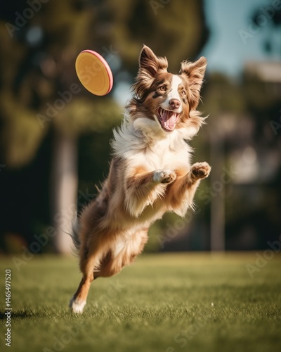 Playful dog leaps for frisbee