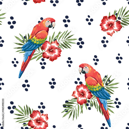 Tropical macaw parrots, red hibiscus flowers, green palm leaves, dots, white background. Vector seamless pattern. Jungle illustration. Exotic plants, birds. Summer beach floral design. Paradise nature