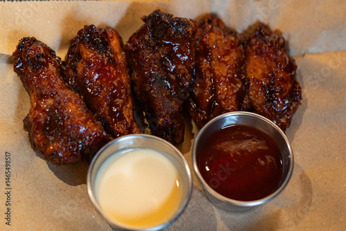 Closeup of chicken wings with dips served at restaurant