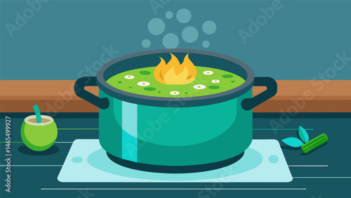 A pot of fragrant cilantro rice simmers on the stove ready to be paired with the flavorful Lomo Saltado.. Vector illustration