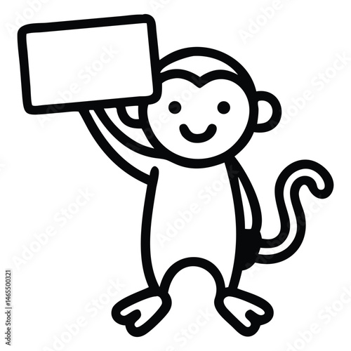 Smiling outline monkey holds rectangular blank banner overhead with its arm raised high above