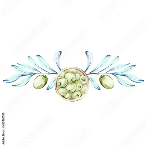 Watercolor illustration of olives and olive oil celebrating Italian cuisine and natures beauty frame, border, arrangement