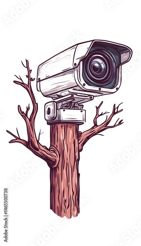 A security camera mounted atop a barren tree stump
