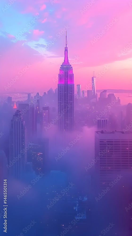 Fototapeta premium Misty city skyline at sunrise, painted in soft pink and purple hues