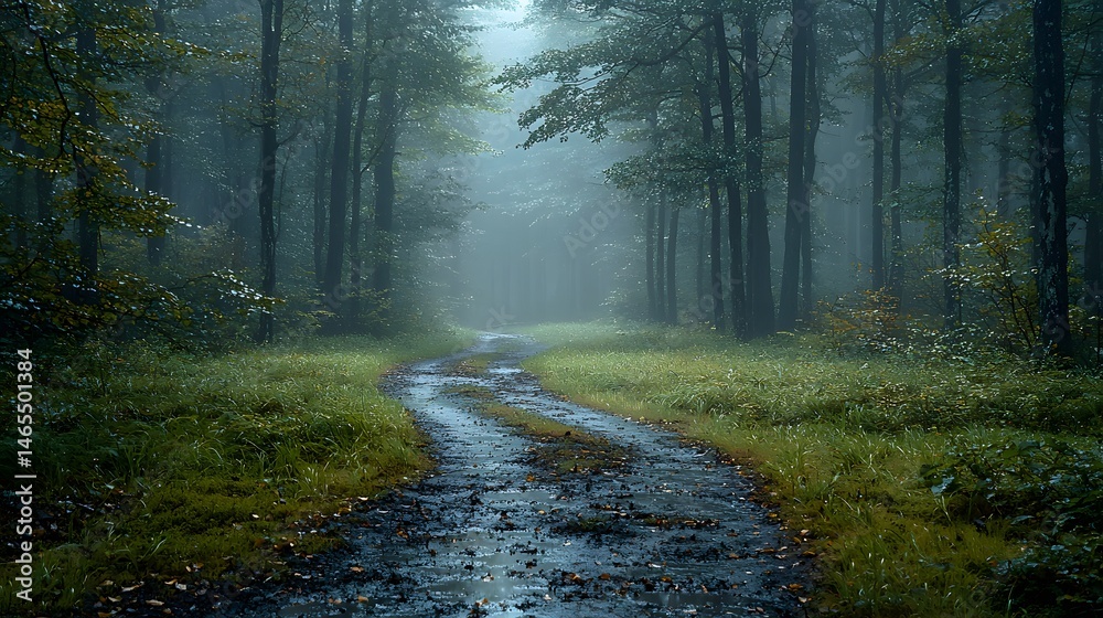 Obraz premium Misty forest path with muddy trail, tall trees, lush grass, and water puddles reflecting dim light