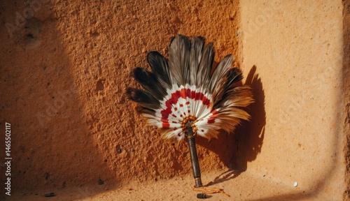 A colorful feather fan with red white and brown feathers rests in the corner of a textured earthen wall illuminated by sunlight