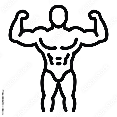 Strong faceless bodybuilder shows off muscles, flexing biceps in a black outline style