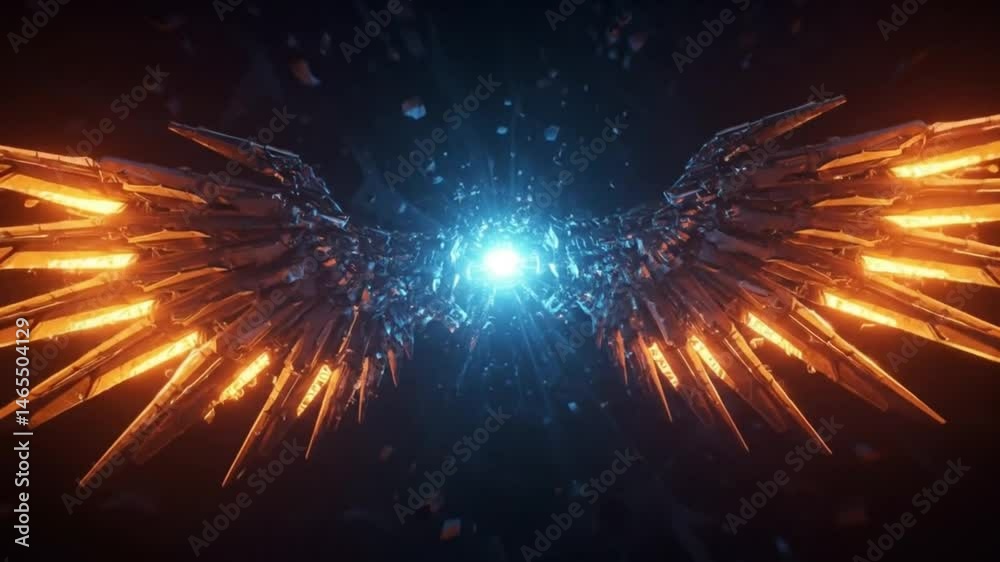 Spectacular 3d render depicting robotic angel wings radiating bright light in space.