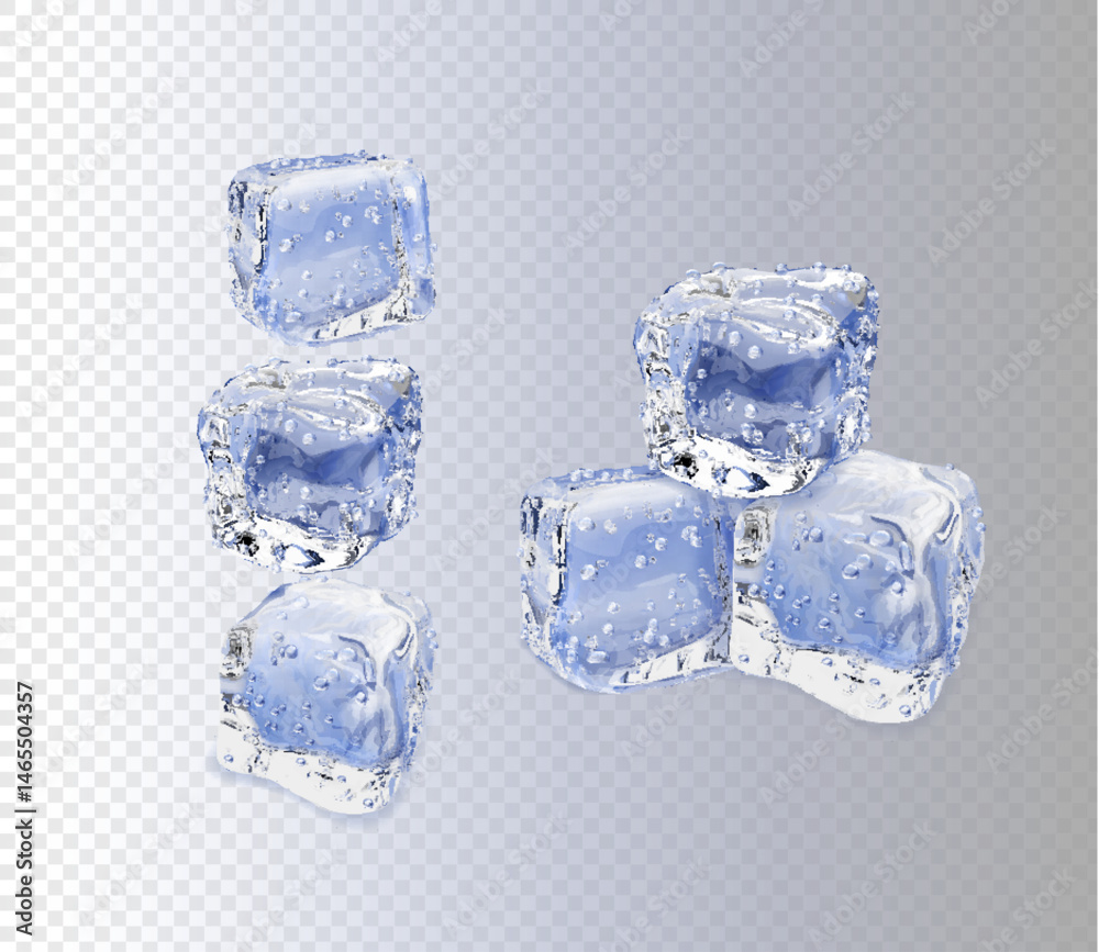 Obraz premium Set of four realistic translucent ice cubes with bubbles transparent background. Cocktail frosty frozen water cube shapes collection. Icy blocks for alcohol beverages