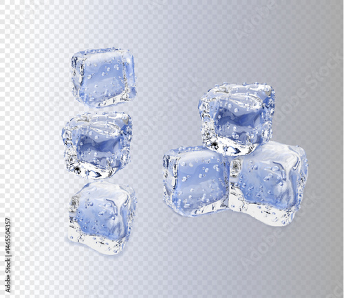 Set of four realistic translucent ice cubes with bubbles transparent background. Cocktail frosty frozen water cube shapes collection. Icy blocks for alcohol beverages