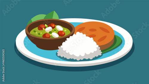 A local favorite casado dish highlighting tender slowcooked pork tangy white rice and a side of zesty homemade chimichurri sauce.. Vector illustration