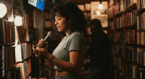Young hispanic female reading poetry in cozy bookstore setting