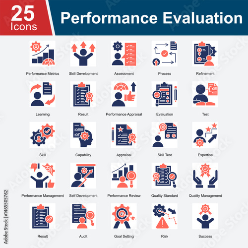 Performance Evaluation is a collection of icons focused on measuring and assessing individual and team performance, skill development, goal achievement, and quality standards to improve overall result