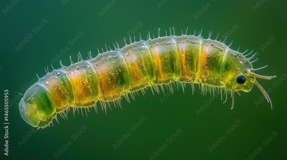 Detailed close-up of a translucent, segmented worm-like creature, vibrant green and yellow hues, exhibiting tiny bristles Detailed close-up of a translucent, segmented worm-like creature, vibrant green and yellow hues, exhibiting tiny bristles