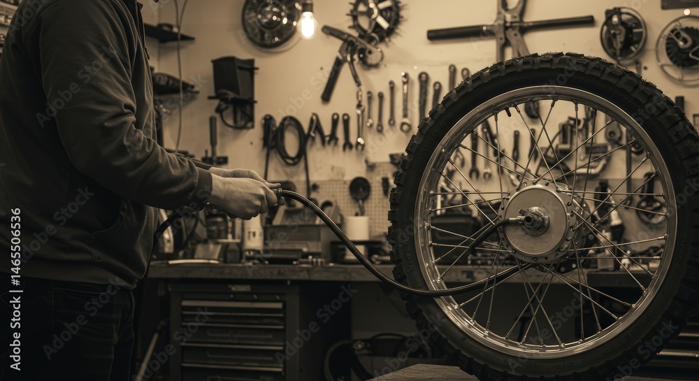 Fototapeta premium Inflating a Classic Motorcycle Tire A Sepia-Toned Workshop Scene, Skill and Precision in Action