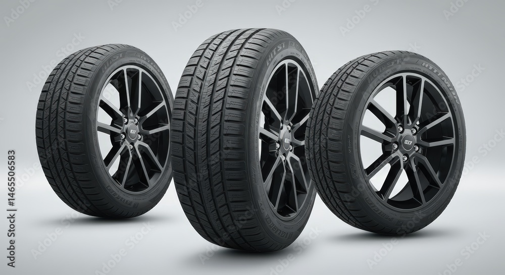 Three new automotive tires, showcasing their tread patterns and stylish black rims against a neutral gray backdrop. Perfect for a smooth ride. Three new automotive tires, showcasing their tread patterns and stylish black rims against a neutral gray backdrop. Perfect for a smooth ride.