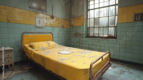 Abandoned Asylum Bedroom: A haunting image of an abandoned asylum bedroom, evoking a sense of dereliction and forgotten stories, the room's faded colors, peeling paint.