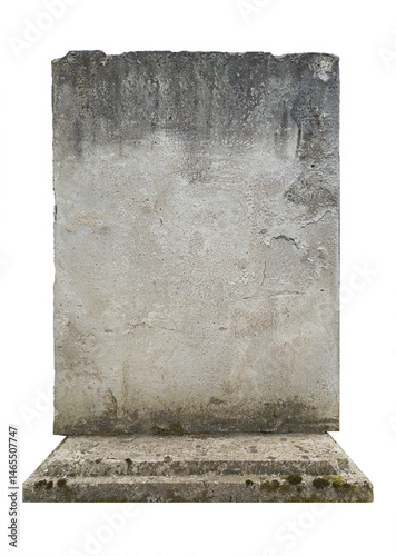 Empty gravestone - gray stone wall displays a surface with wear, including stains and unevenness. Natural weathering gives it a aged appearance, for various contexts. Isolated tombstone, copy space
