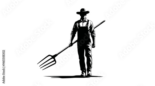 Farmer with pitchfork silhouette vector isolated on white background  -  