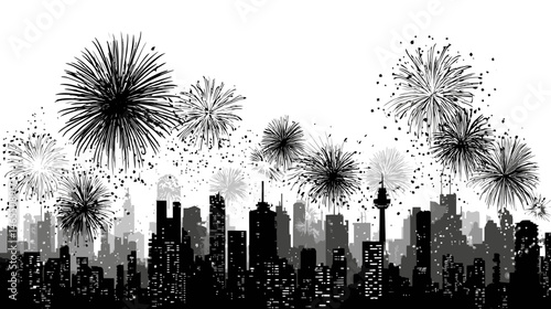 Fireworks over city silhouette vector isolated on white background  -  
