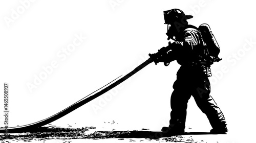 Firefighter with hose silhouette vector isolated on white background  -  