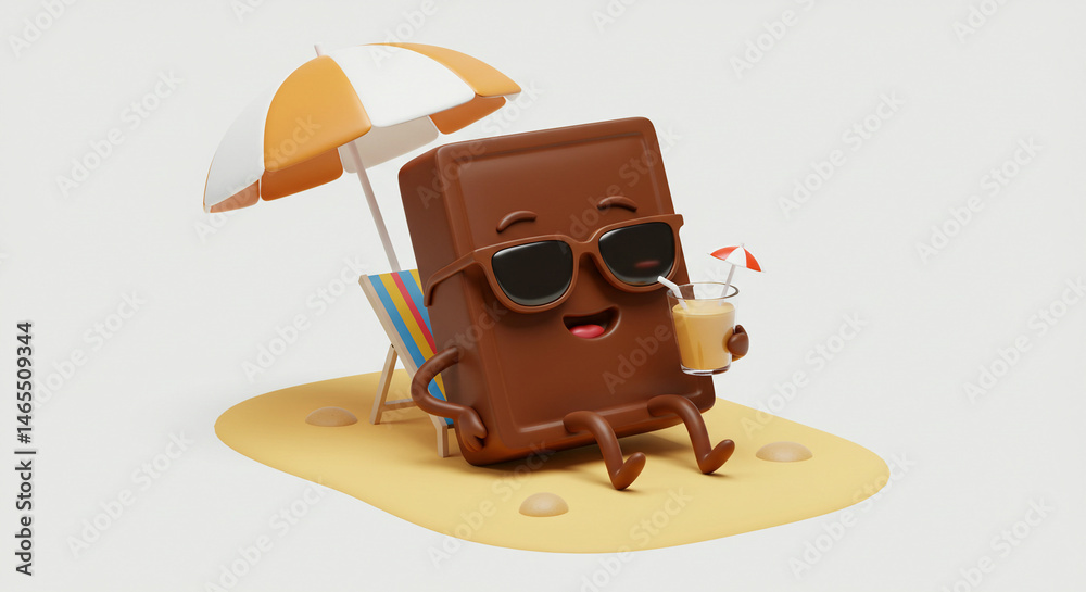 Fototapeta premium Chocolate Bar Character Beach Chair Umbrella Drink 3D Render Illustration Summer Vacation