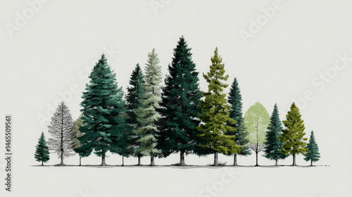 A refined minimalist illustration featuring stylized evergreen trees arranged in perfect symmetry. Generative AI