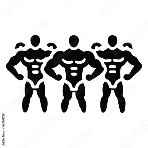 Three muscular bodybuilders strike a posing stance, showing off well defined bodies in unison