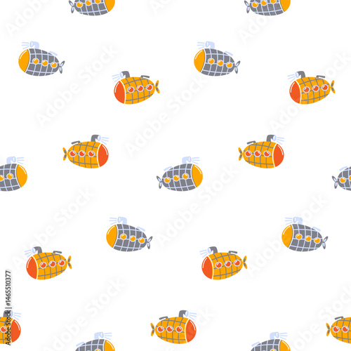 Cute submarine seamless pattern. Design kids fabric, wallpaper, and wrapping paper. Vector illustration