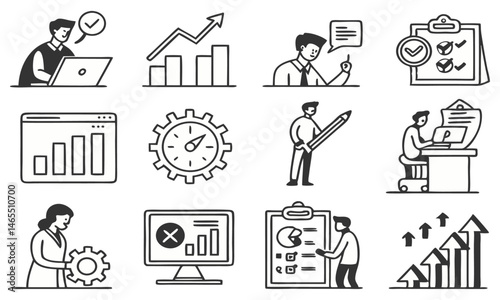 a set of 24 black and white icons, minimalist design, simple line art, project management, business analytics