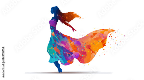 Girl dancing with flowing dress silhouette vector isolated on white background  -  