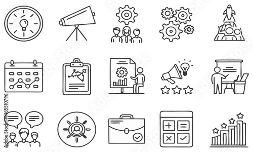 a set of 24 black and white icons, minimalist design, simple line art, project management, business analytics
