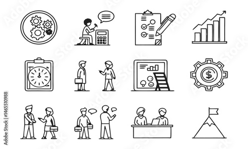 a set of 24 black and white icons, minimalist design, simple line art, project management, business analytics