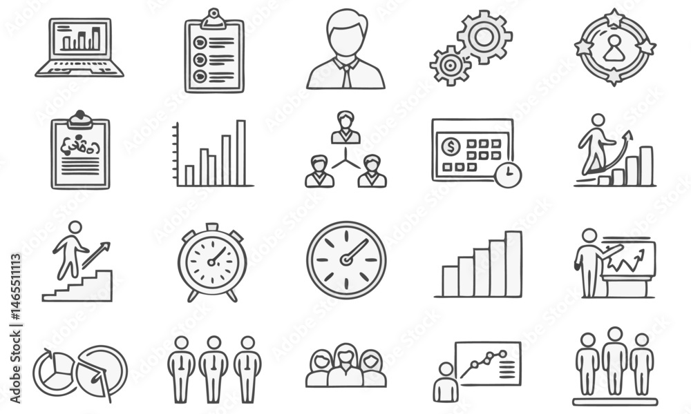 Fototapeta premium a set of 24 black and white icons, minimalist design, simple line art, project management, business analytics