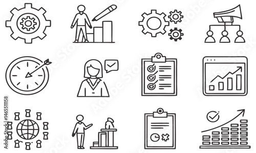 a set of 24 black and white icons, minimalist design, simple line art, project management, business analytics