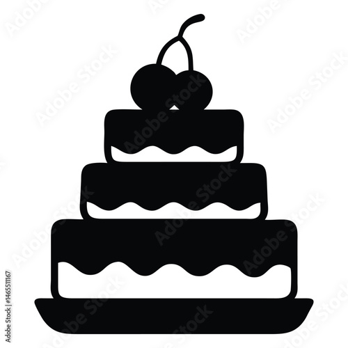 Three tiered cake topped with cherries features classic silhouette on a platter