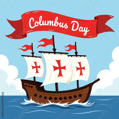 Columbus Day: An illustration of a historical sailing ship navigating the vast sea under a sky and a Columbus day banner. Celebrating discovery, journey and exploration