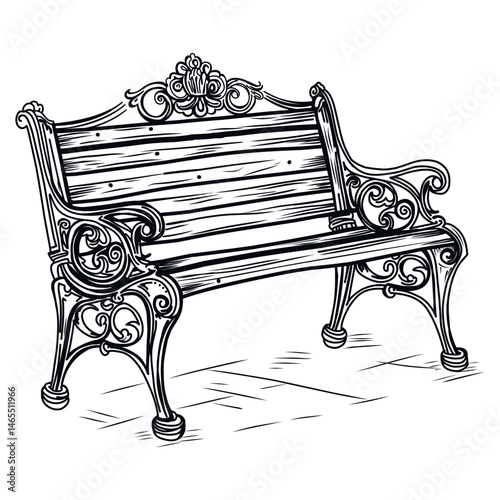 Vector illustration of a garden bench with antique metal forging, scrolls, and decorative elements. Black on white sketch of wrought iron garden bench.