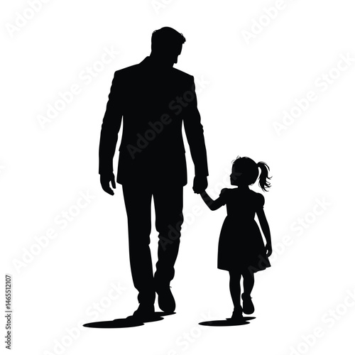 Silhouette of Father and Daughter Walking Together – Isolated Illustration with Transparent Background